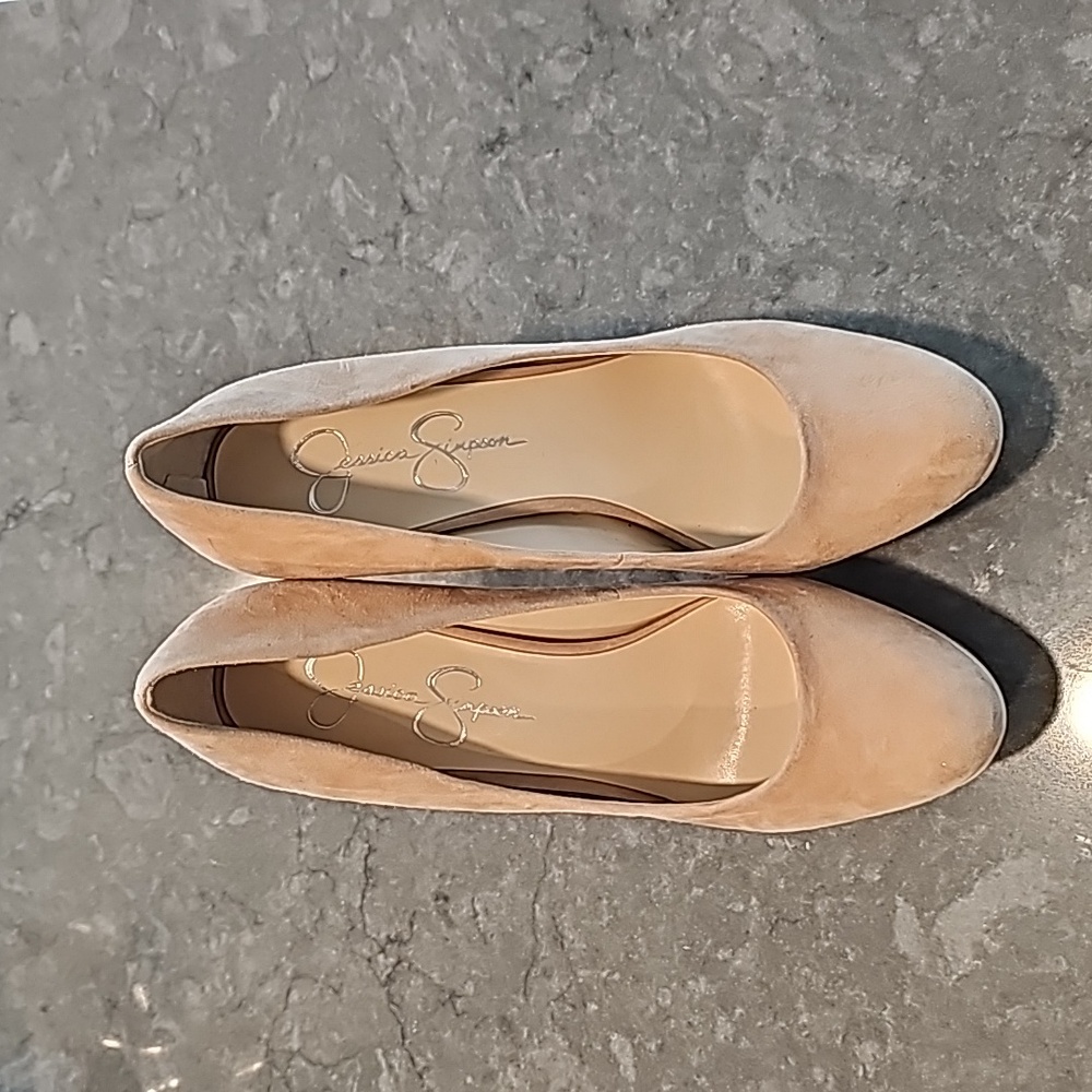 Jessica Simpson Platform Pumps, Size 7.5, Taupe Suede with Faux Snake Heel